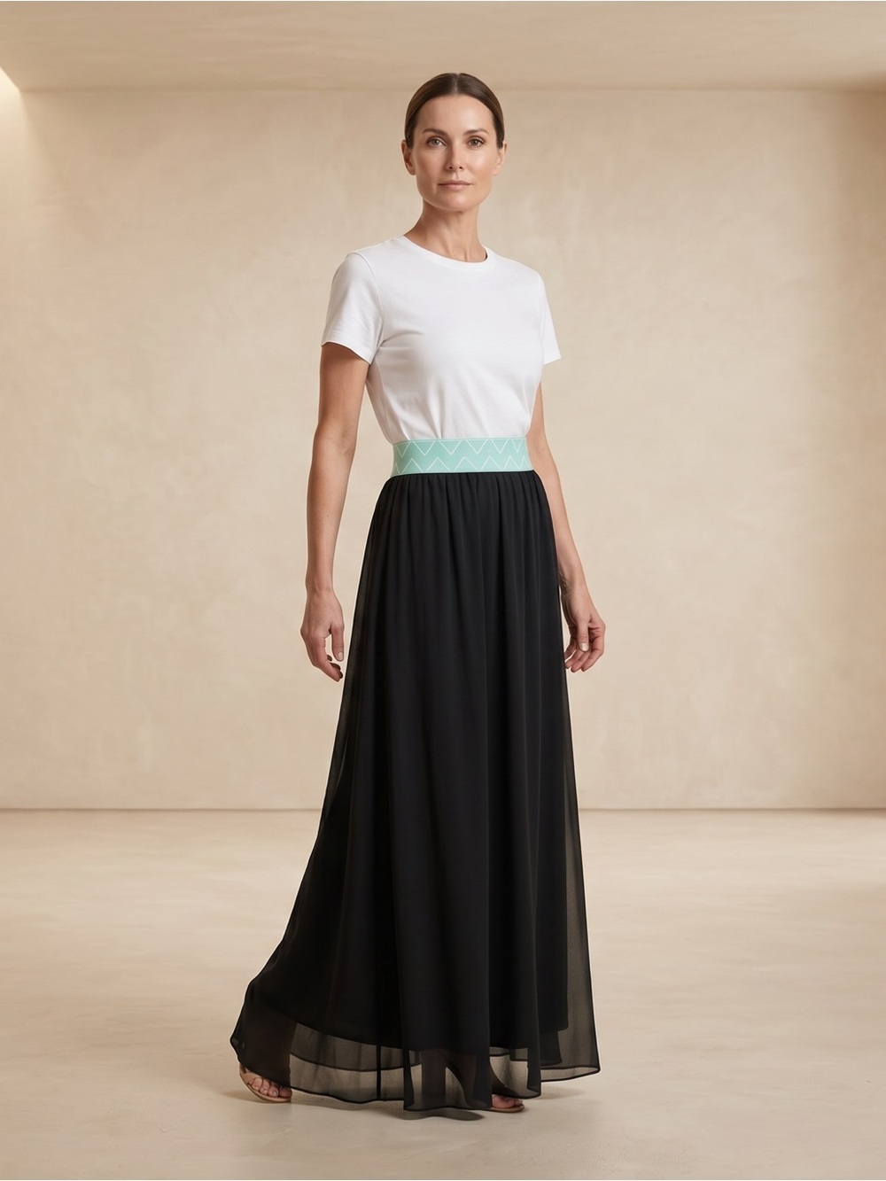 LuLaRoe Black Sheer Chiffon Overlay Maxi Skirt with Elastic Mint Green Waistband